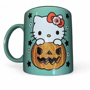 Hello Kitty Halloween Glitter Pumpkin Jack O Lantern Ceramic Teal Mug 20 Oz Eye